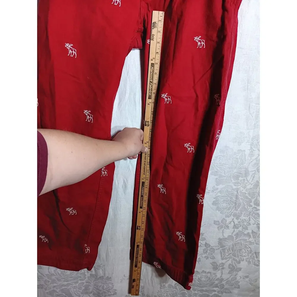 Abercrombie Fitch Vintage Pants Small Red AOP Embroidered Moose Wide Leg Lounge - Picture 10 of 16